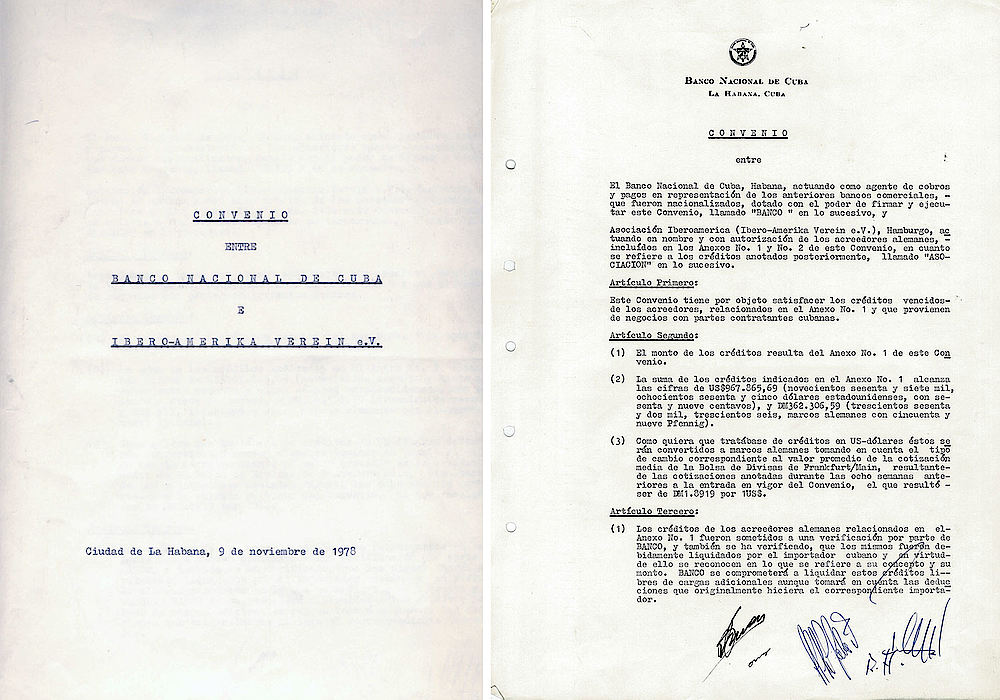 Auszüge aus dem Vertrag zwischen der Nationalbank von Kuba und dem Lateinamerika Verein vom 9. November 1978
