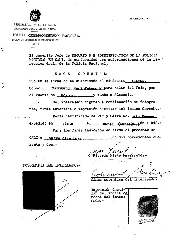 Die polizeiliche „Genehmigung“ zur Ausreise der Familie Müller Leiendecker aus Kolumbien